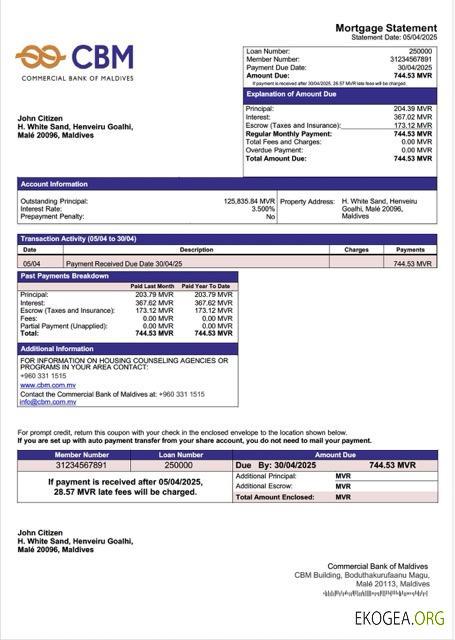 Modèle Word et PDF de relevé hypothécaire des Maldives Commercial Bank of Maldives